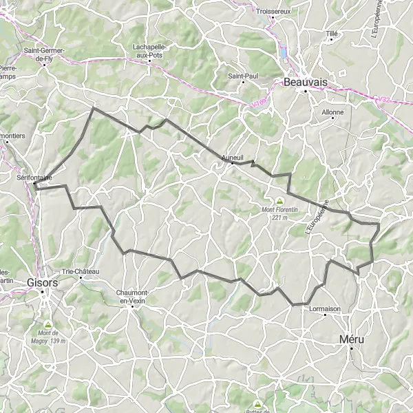 Map miniature of "The Bray Circuit" cycling inspiration in Picardie, France. Generated by Tarmacs.app cycling route planner