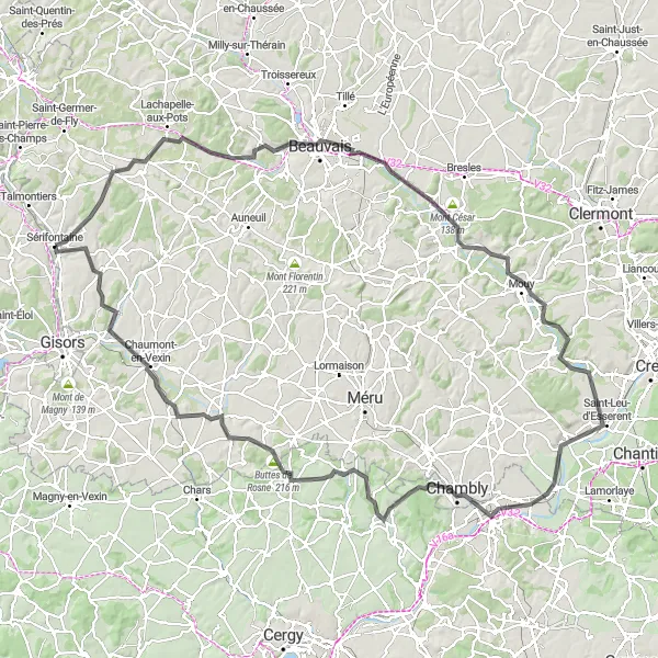 Miniature de la carte de l'inspiration cycliste "Grand tour de 145 km à la découverte de la Picardie" dans la Picardie, France. Générée par le planificateur d'itinéraire cycliste Tarmacs.app