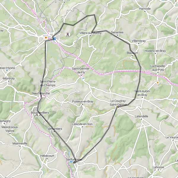 Map miniature of "The Bray Valley Loop" cycling inspiration in Picardie, France. Generated by Tarmacs.app cycling route planner