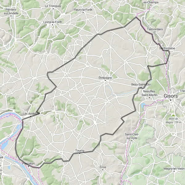 Map miniature of "Vexin Hinterlands" cycling inspiration in Picardie, France. Generated by Tarmacs.app cycling route planner