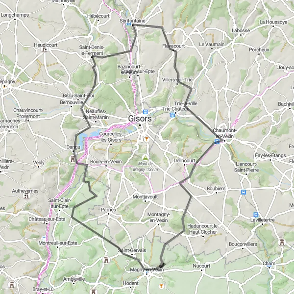 Map miniature of "The Vexin Valleys" cycling inspiration in Picardie, France. Generated by Tarmacs.app cycling route planner