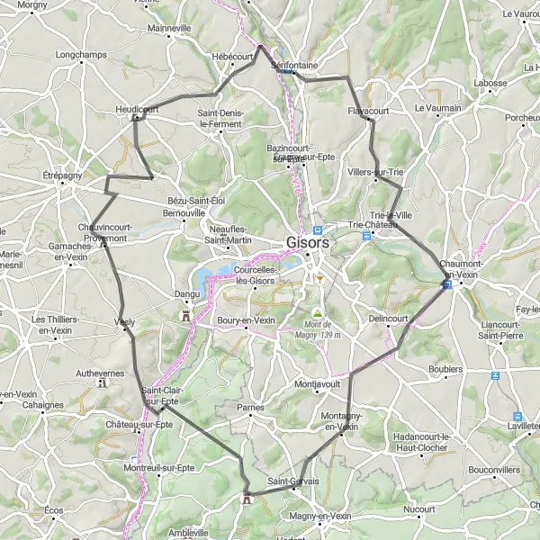 Map miniature of "Chaumont Escape" cycling inspiration in Picardie, France. Generated by Tarmacs.app cycling route planner