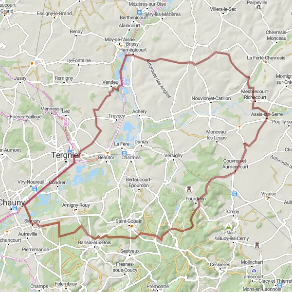 Map miniature of "Gravel adventure to Saint-Nicolas-aux-Bois" cycling inspiration in Picardie, France. Generated by Tarmacs.app cycling route planner