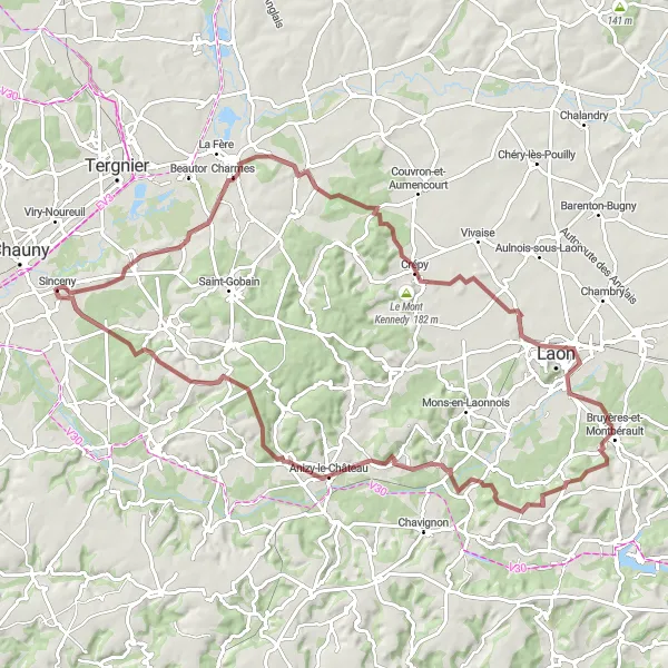 Map miniature of "Laon Gravel Adventure" cycling inspiration in Picardie, France. Generated by Tarmacs.app cycling route planner