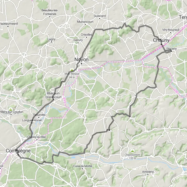 Miniature de la carte de l'inspiration cycliste "Route du château de Blérancourt" dans la Picardie, France. Générée par le planificateur d'itinéraire cycliste Tarmacs.app