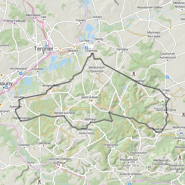 Map miniature of "Road to Servais and Pierremande" cycling inspiration in Picardie, France. Generated by Tarmacs.app cycling route planner