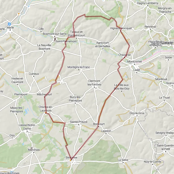 Map miniature of "Gravel Adventure near Sissonne" cycling inspiration in Picardie, France. Generated by Tarmacs.app cycling route planner