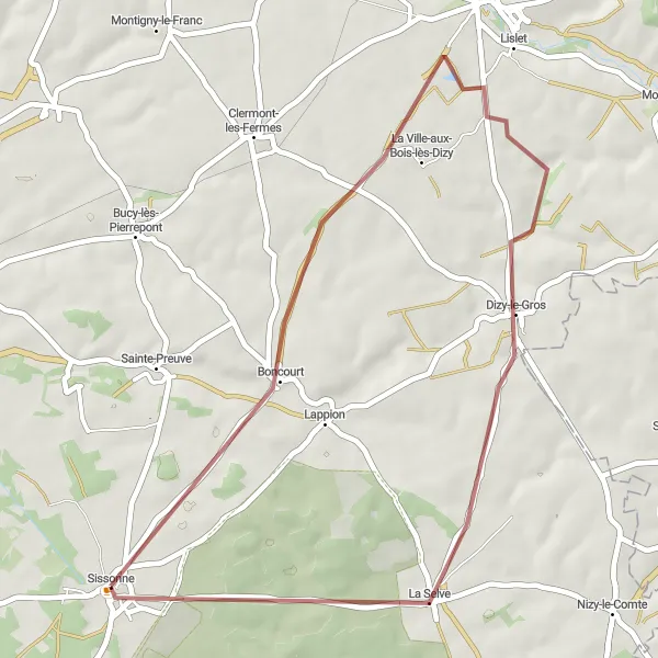 Miniature de la carte de l'inspiration cycliste "Balade en gravier autour de Sissonne" dans la Picardie, France. Générée par le planificateur d'itinéraire cycliste Tarmacs.app