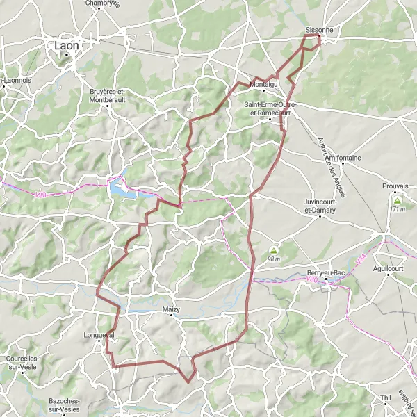 Map miniature of "Challenging Gravel Adventure near Sissonne" cycling inspiration in Picardie, France. Generated by Tarmacs.app cycling route planner