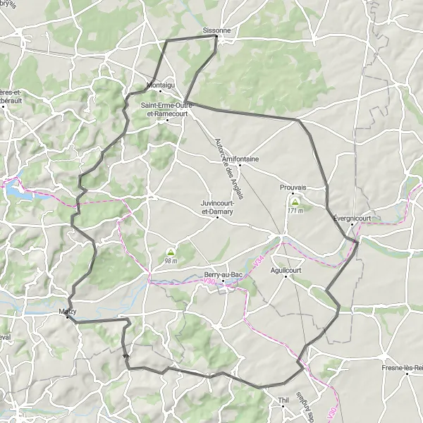 Map miniature of "Sissonne Epic Road Loop" cycling inspiration in Picardie, France. Generated by Tarmacs.app cycling route planner