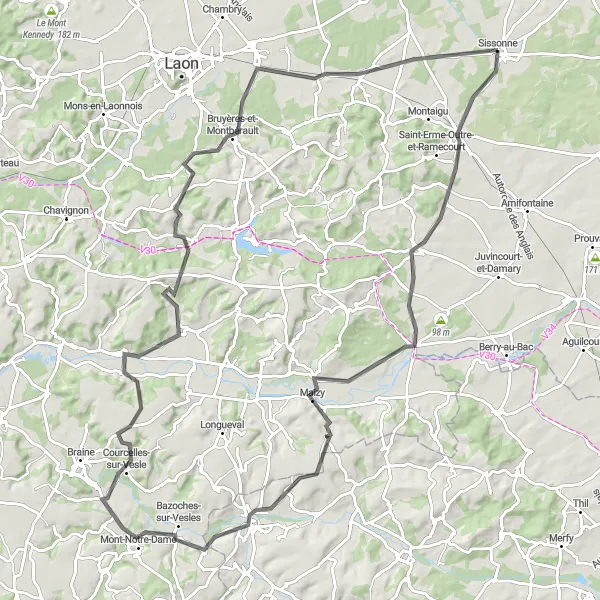 Map miniature of "Sissonne - Corbeny Loop" cycling inspiration in Picardie, France. Generated by Tarmacs.app cycling route planner