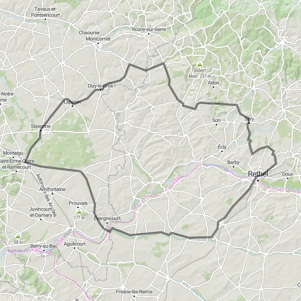 Map miniature of "Sissonne - Dizy-le-Gros Loop" cycling inspiration in Picardie, France. Generated by Tarmacs.app cycling route planner