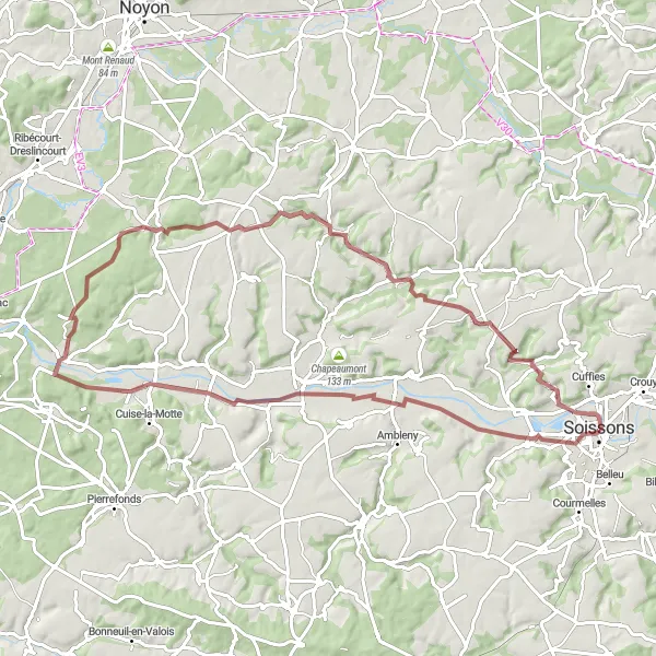 Miniature de la carte de l'inspiration cycliste "Parcours gravel à travers la vallée de l'Aisne près de Soissons" dans la Picardie, France. Générée par le planificateur d'itinéraire cycliste Tarmacs.app