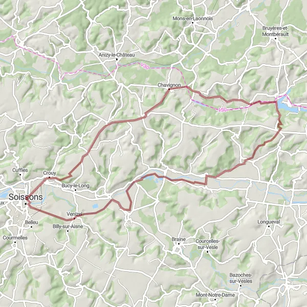 Miniature de la carte de l'inspiration cycliste "Aventure gravel entre Soissons et la vallée de l'Aisne" dans la Picardie, France. Générée par le planificateur d'itinéraire cycliste Tarmacs.app