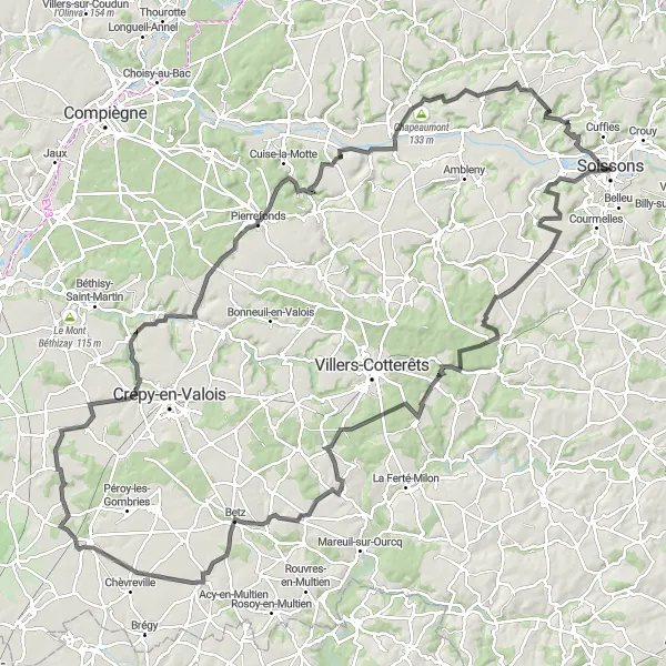 Miniature de la carte de l'inspiration cycliste "Parcours pittoresque autour de Soissons" dans la Picardie, France. Générée par le planificateur d'itinéraire cycliste Tarmacs.app
