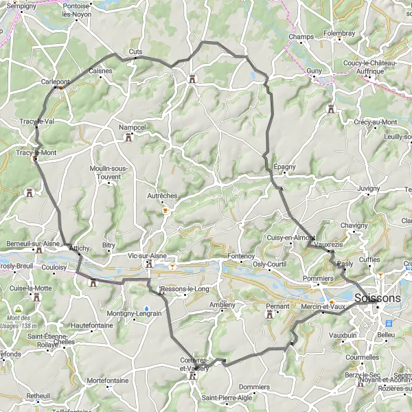 Map miniature of "Beautiful Countryside" cycling inspiration in Picardie, France. Generated by Tarmacs.app cycling route planner