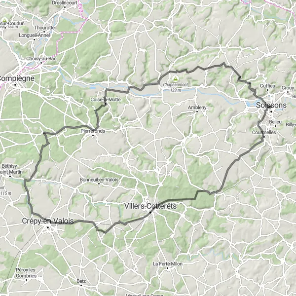 Map miniature of "The Castle Circuit" cycling inspiration in Picardie, France. Generated by Tarmacs.app cycling route planner