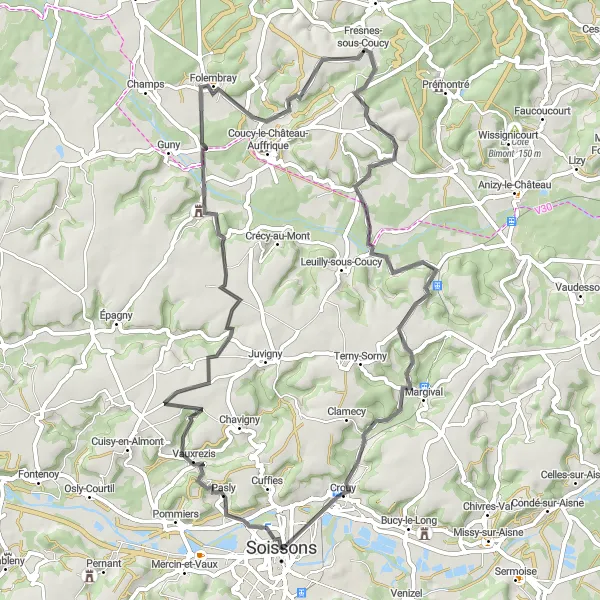 Map miniature of "River Valley Escapade" cycling inspiration in Picardie, France. Generated by Tarmacs.app cycling route planner