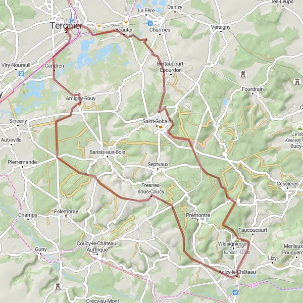 Miniature de la carte de l'inspiration cycliste "Aventure gravel autour de Tergnier" dans la Picardie, France. Générée par le planificateur d'itinéraire cycliste Tarmacs.app