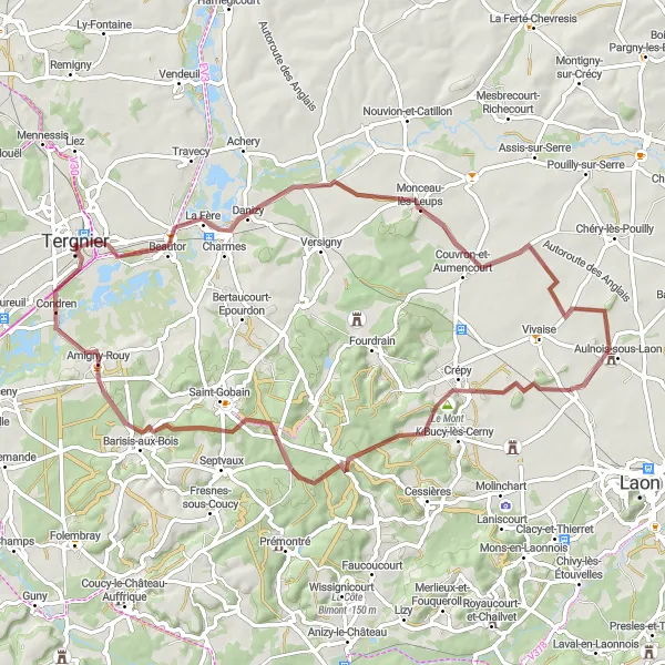 Miniature de la carte de l'inspiration cycliste "Boucle de Danizy à Condren" dans la Picardie, France. Générée par le planificateur d'itinéraire cycliste Tarmacs.app