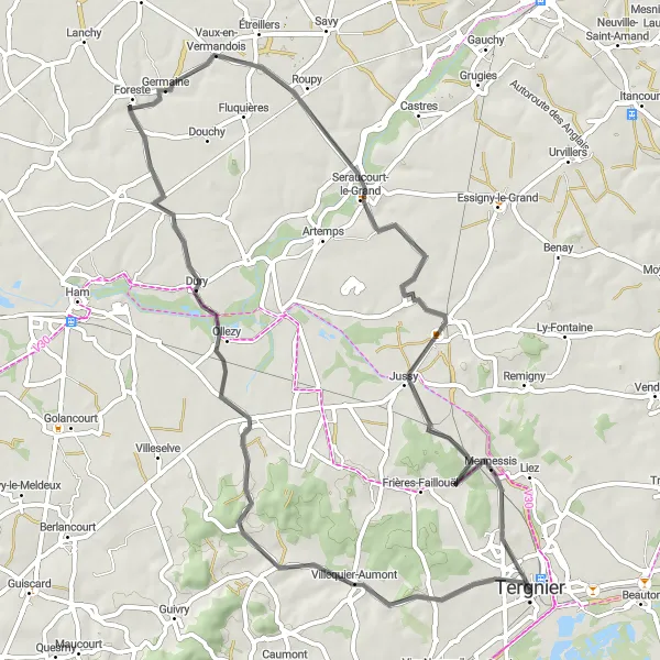 Map miniature of "A Scenic Tour of Beine and Beyond" cycling inspiration in Picardie, France. Generated by Tarmacs.app cycling route planner