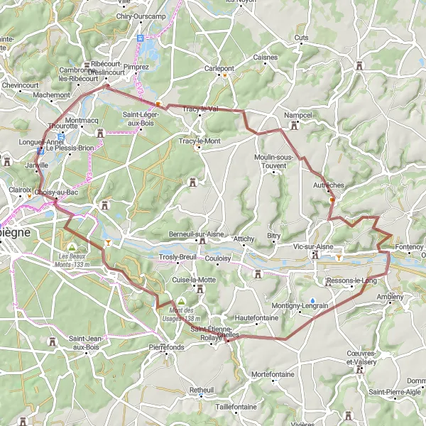 Miniature de la carte de l'inspiration cycliste "Les sentiers cachés de l'Oise" dans la Picardie, France. Générée par le planificateur d'itinéraire cycliste Tarmacs.app