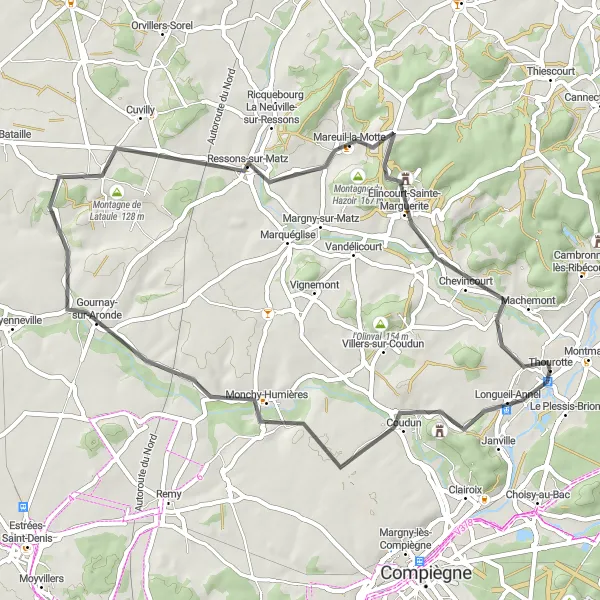 Map miniature of "The Annel Excursion" cycling inspiration in Picardie, France. Generated by Tarmacs.app cycling route planner