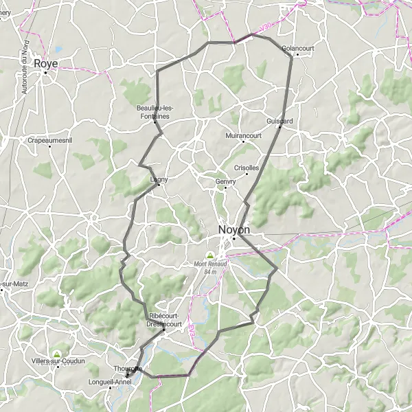 Map miniature of "The Ribécourt Loop" cycling inspiration in Picardie, France. Generated by Tarmacs.app cycling route planner