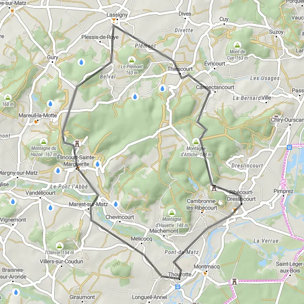 Miniature de la carte de l'inspiration cycliste "La campagne picarde en vélo" dans la Picardie, France. Générée par le planificateur d'itinéraire cycliste Tarmacs.app