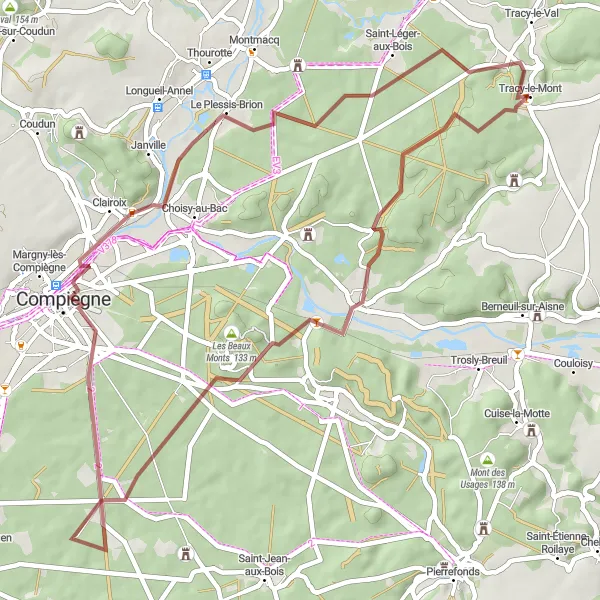 Map miniature of "Exploring the Oise Valley" cycling inspiration in Picardie, France. Generated by Tarmacs.app cycling route planner