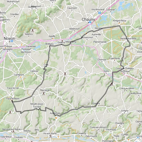 Miniature de la carte de l'inspiration cycliste "Aventure à vélo près de Tracy-le-Mont: Campagne pittoresque" dans la Picardie, France. Générée par le planificateur d'itinéraire cycliste Tarmacs.app