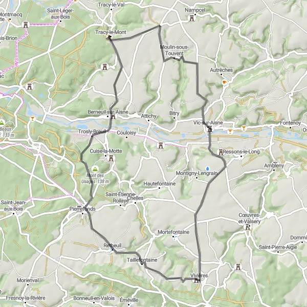 Map miniature of "Aisne Valley Tour" cycling inspiration in Picardie, France. Generated by Tarmacs.app cycling route planner