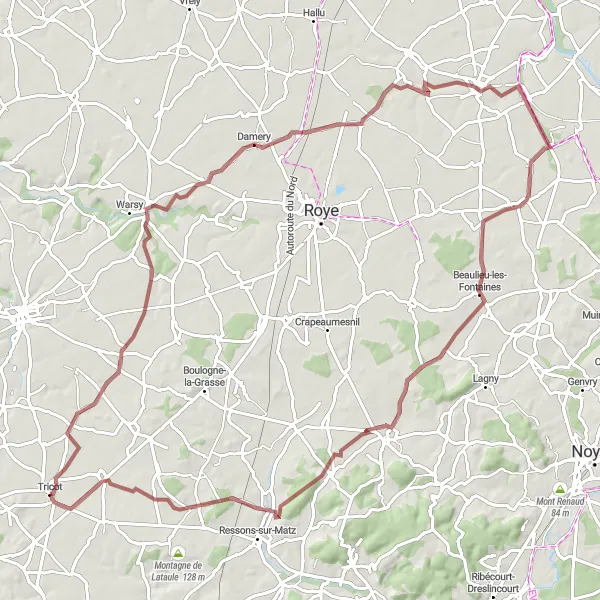 Map miniature of "The Gravel Challenge" cycling inspiration in Picardie, France. Generated by Tarmacs.app cycling route planner