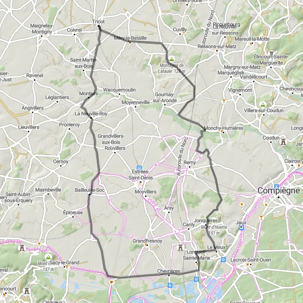 Miniature de la carte de l'inspiration cycliste "Boucle de Lataule" dans la Picardie, France. Générée par le planificateur d'itinéraire cycliste Tarmacs.app