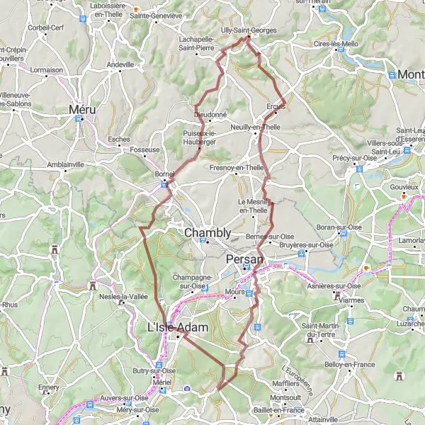 Miniature de la carte de l'inspiration cycliste "Boucle des Bois de l'Oise" dans la Picardie, France. Générée par le planificateur d'itinéraire cycliste Tarmacs.app