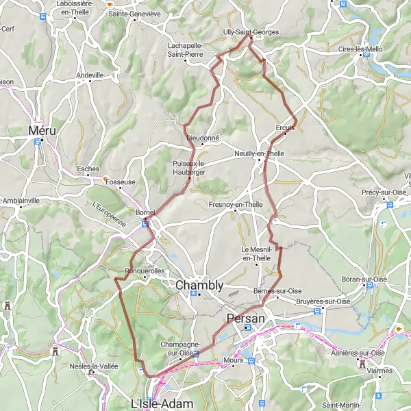 Miniature de la carte de l'inspiration cycliste "Parcours des Châteaux de l'Oise" dans la Picardie, France. Générée par le planificateur d'itinéraire cycliste Tarmacs.app