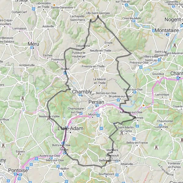 Map miniature of "Road Cycling the Val d'Oise" cycling inspiration in Picardie, France. Generated by Tarmacs.app cycling route planner