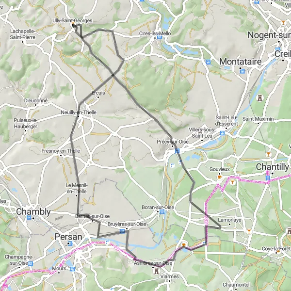 Miniature de la carte de l'inspiration cycliste "Boucle des Villages de l'Oise" dans la Picardie, France. Générée par le planificateur d'itinéraire cycliste Tarmacs.app