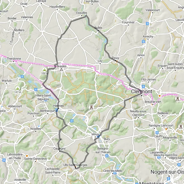 Miniature de la carte de l'inspiration cycliste "Tour de la Vallée de l'Oise" dans la Picardie, France. Générée par le planificateur d'itinéraire cycliste Tarmacs.app