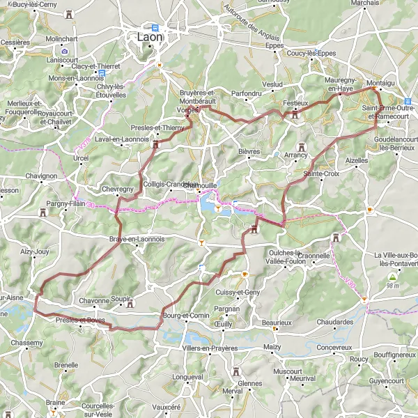 Map miniature of "Gravel Adventure: Vailly-sur-Aisne to Ostel" cycling inspiration in Picardie, France. Generated by Tarmacs.app cycling route planner