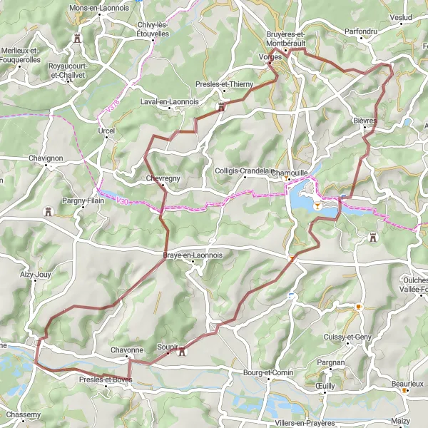 Map miniature of "Picturesque Gravel Ride through Aisne and Marrennes Valleys" cycling inspiration in Picardie, France. Generated by Tarmacs.app cycling route planner