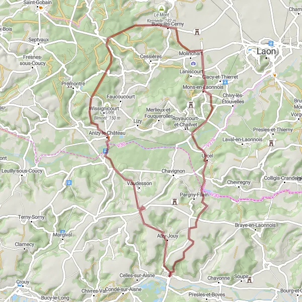 Map miniature of "Rugged Gravel Trail through Scenic Laonnois" cycling inspiration in Picardie, France. Generated by Tarmacs.app cycling route planner