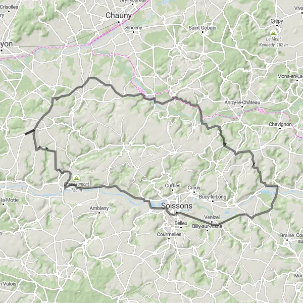 Map miniature of "Vailly-sur-Aisne Loop" cycling inspiration in Picardie, France. Generated by Tarmacs.app cycling route planner