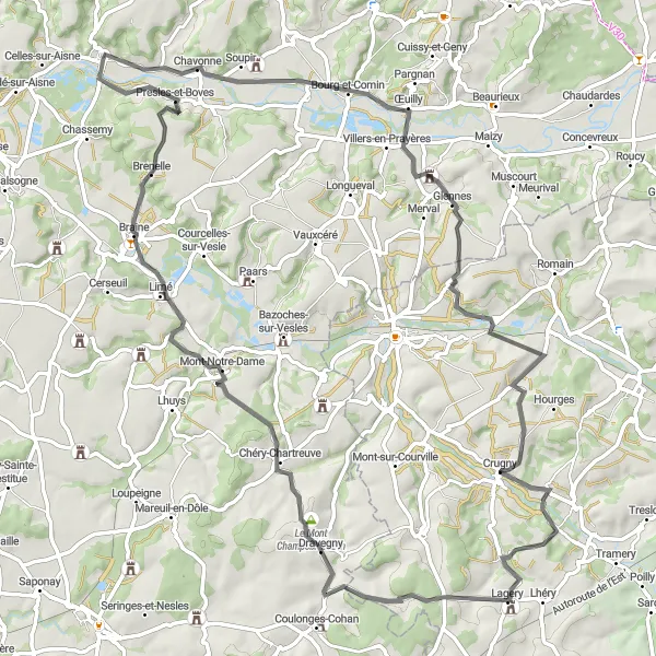 Map miniature of "Scenic Route through Picardie Countryside" cycling inspiration in Picardie, France. Generated by Tarmacs.app cycling route planner