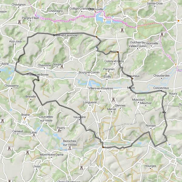 Map miniature of "Historic Trail: Vailly-sur-Aisne to Fismette" cycling inspiration in Picardie, France. Generated by Tarmacs.app cycling route planner