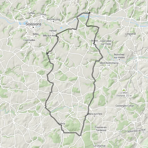 Miniature de la carte de l'inspiration cycliste "Parcours routier vers Fère-en-Tardenois et Celles-sur-Aisne" dans la Picardie, France. Générée par le planificateur d'itinéraire cycliste Tarmacs.app