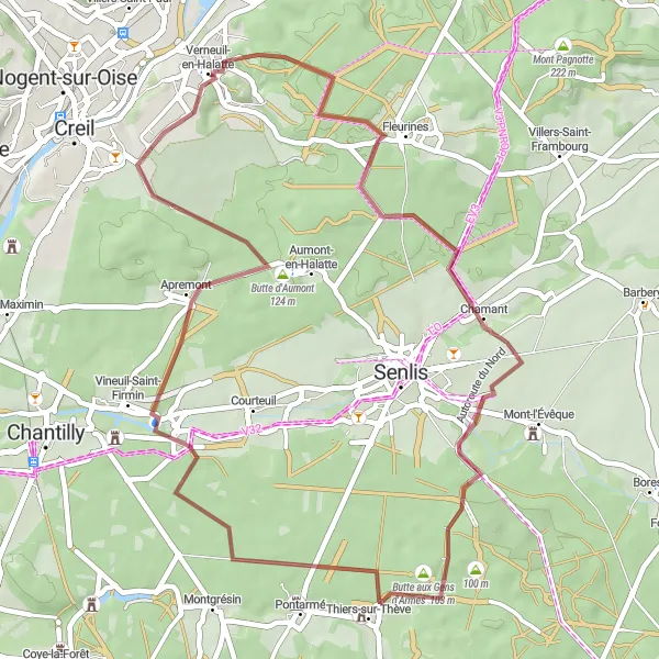 Map miniature of "Verneuil-en-Halatte to Vineuil-Saint-Firmin Gravel Path" cycling inspiration in Picardie, France. Generated by Tarmacs.app cycling route planner