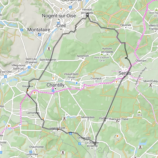 Map miniature of "Countryside road loop via Senlis and Creil" cycling inspiration in Picardie, France. Generated by Tarmacs.app cycling route planner