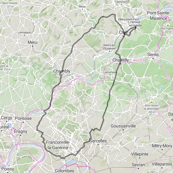Miniature de la carte de l'inspiration cycliste "Boucle des Châteaux et Villages de l'Oise" dans la Picardie, France. Générée par le planificateur d'itinéraire cycliste Tarmacs.app