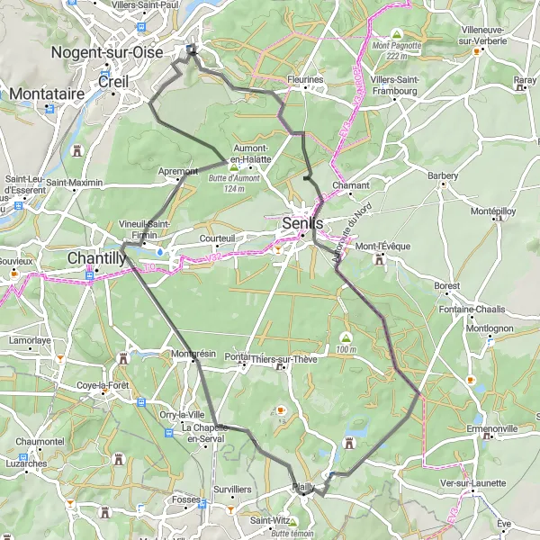 Map miniature of "Route through Senlis and vineyards" cycling inspiration in Picardie, France. Generated by Tarmacs.app cycling route planner